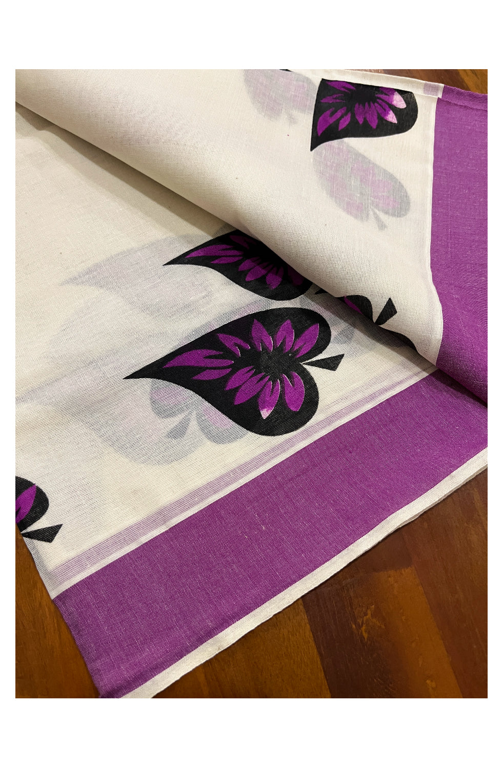 Kerala Cotton Set Mundu (Mundum Neriyathum) with Leaf Block Prints on Dark Magenta Border and Tassels Works