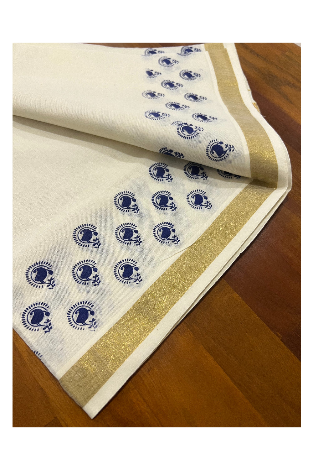 Kerala Cotton Kasavu Set Mundu (Mundum Neriyathum) with Blue Paisley Block Prints on Border