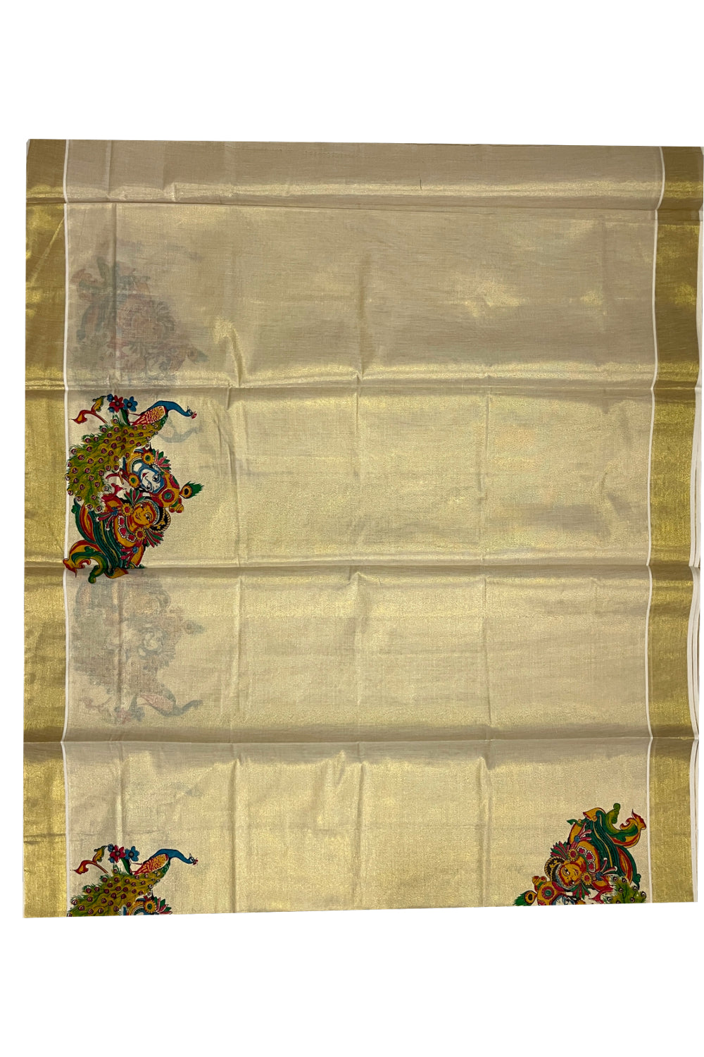 Kerala Tissue Kasavu Saree with Krishna Radha Peacock Mural Printed Design