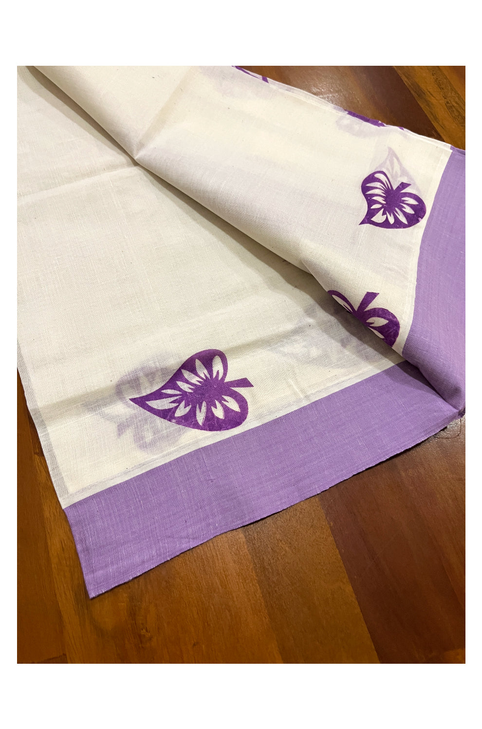 Pure Cotton Single Set Mundu (Mundum Neriyathum Onam 2023) with Violet Block Prints and Border