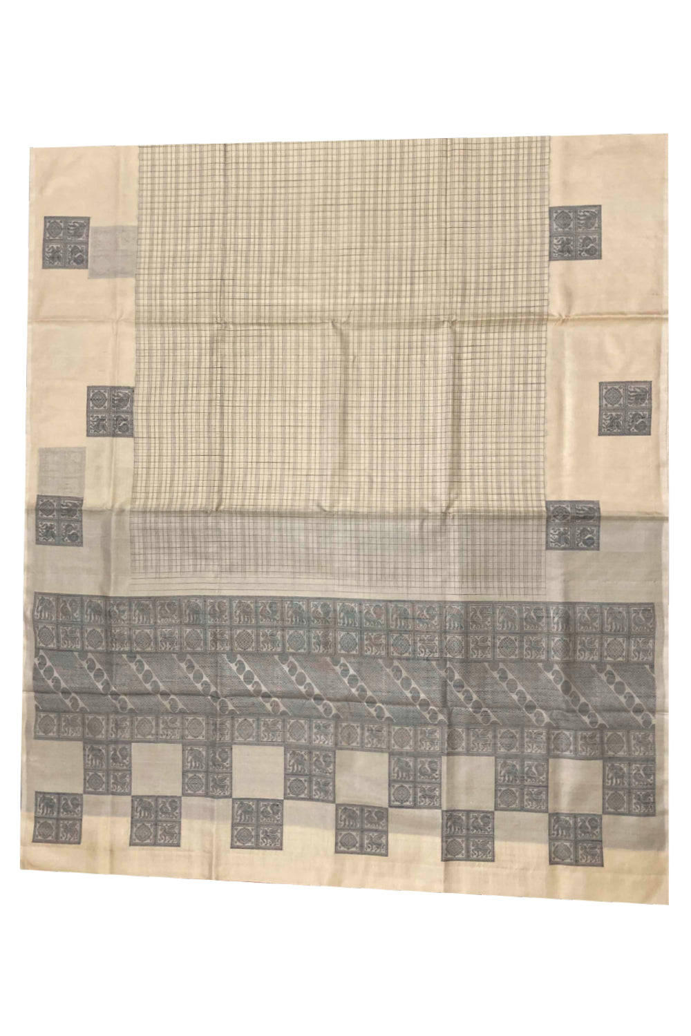Southloom Handloom Pure Silk Kanchipuram Saree in Cream Checkered and Elephant Motifs