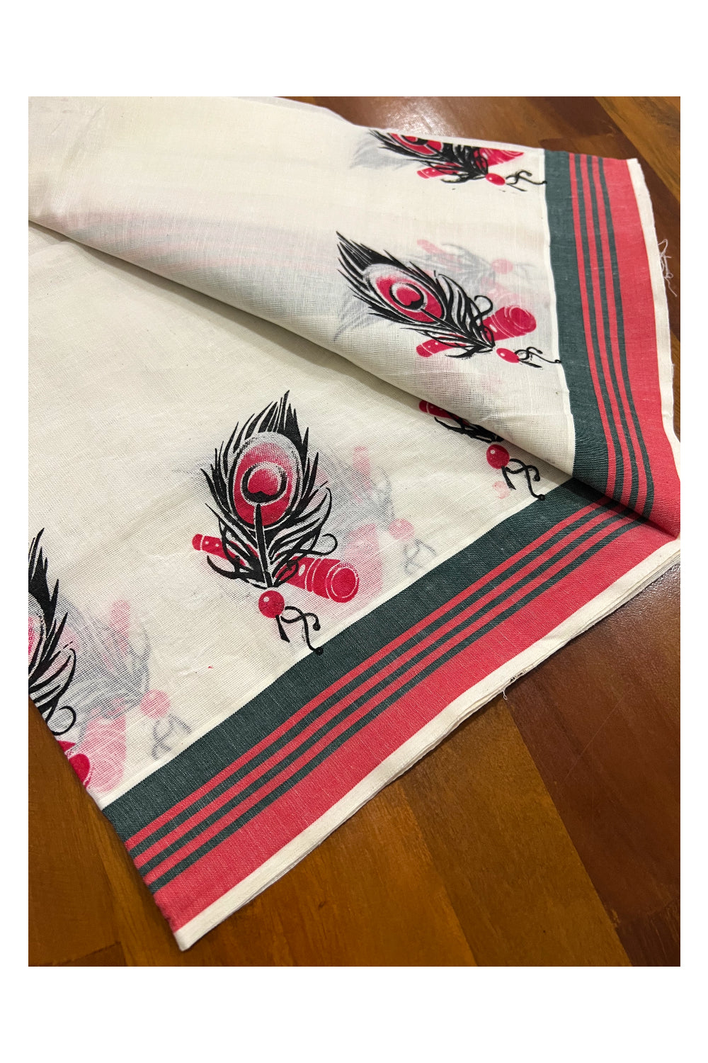 Kerala Cotton Set Mundu (Mundum Neriyathum) with Feather Flute Block Prints and Dark Green and Red Border