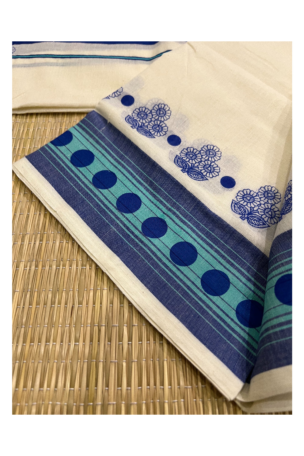 Kerala Cotton Set Mundu (Mundum Neriyathum) with Floral Block Prints on Blue and Turquoise Border