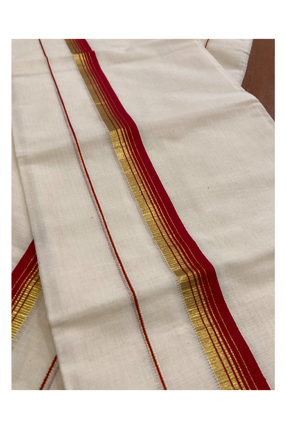 Kerala Cotton Mundum Neriyathum Double (Set Mundu) with Red and Kasavu Border