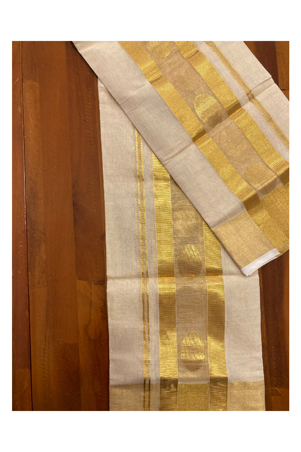 Southloom Handloom Tissue Kasavu Premium Set Mundu with Handwoven Butta Work Across Kara (2.80 m)