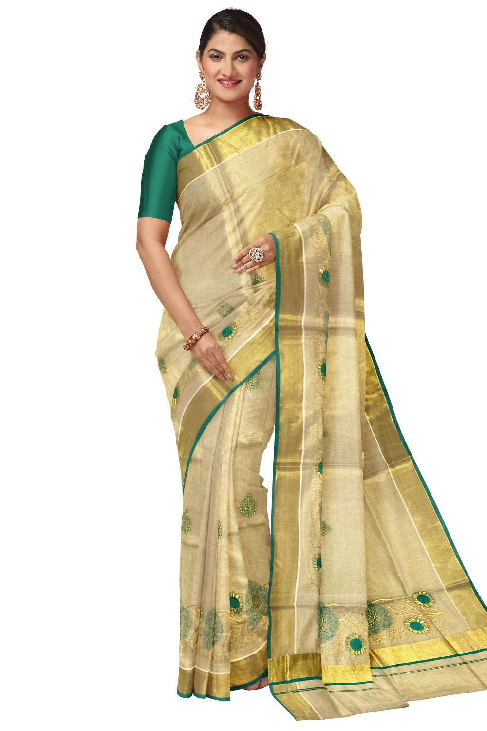 Kerala Tissue Kasavu Heavy Work Saree with Golden and Turquoise Feather Embroidery Design