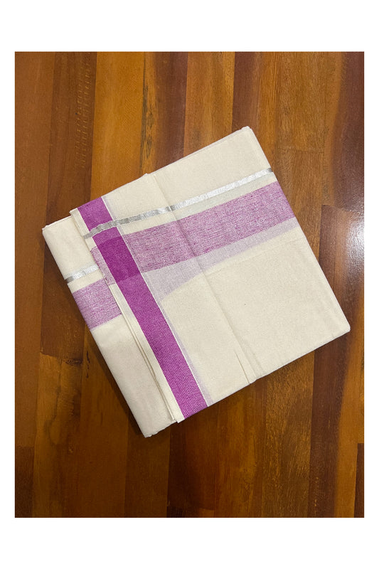 Pure Cotton Off White Double Mundu with Magenta and Silver Kasavu Border (South Indian Dhoti)