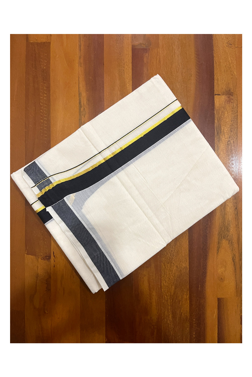 Pure Cotton Off White Double Mundu with Black and Kasavu Kara (South Indian Dhoti)