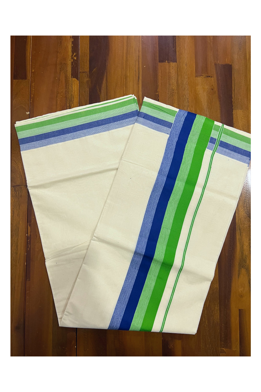 Kerala Cotton Saree with Light Green and Blue Lines Border Design