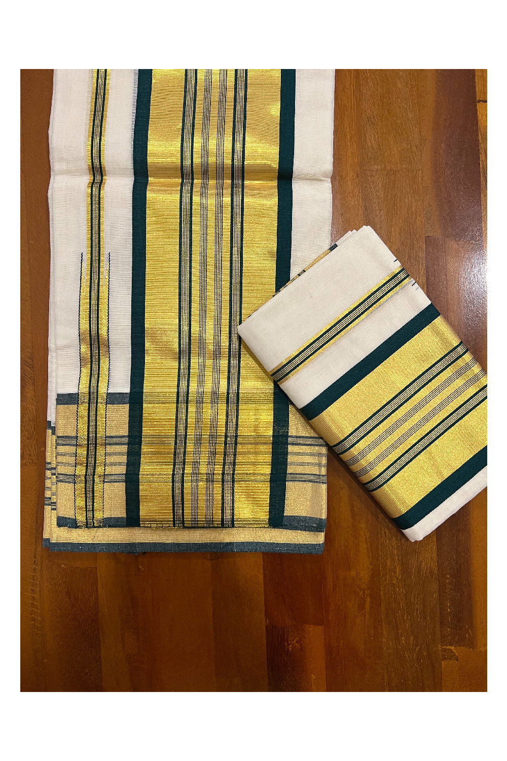 Southloom Premium Handloom Set Mundu with Kasavu and Dark Green Stripes Border 2.80 Mtrs