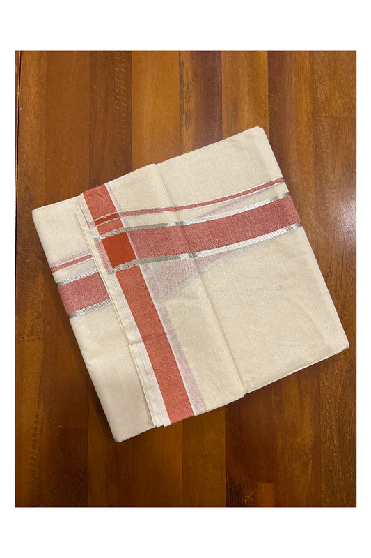 Off White Kerala Double Mundu with Silver Kasavu and Brick Red Border (South Indian Dhoti)