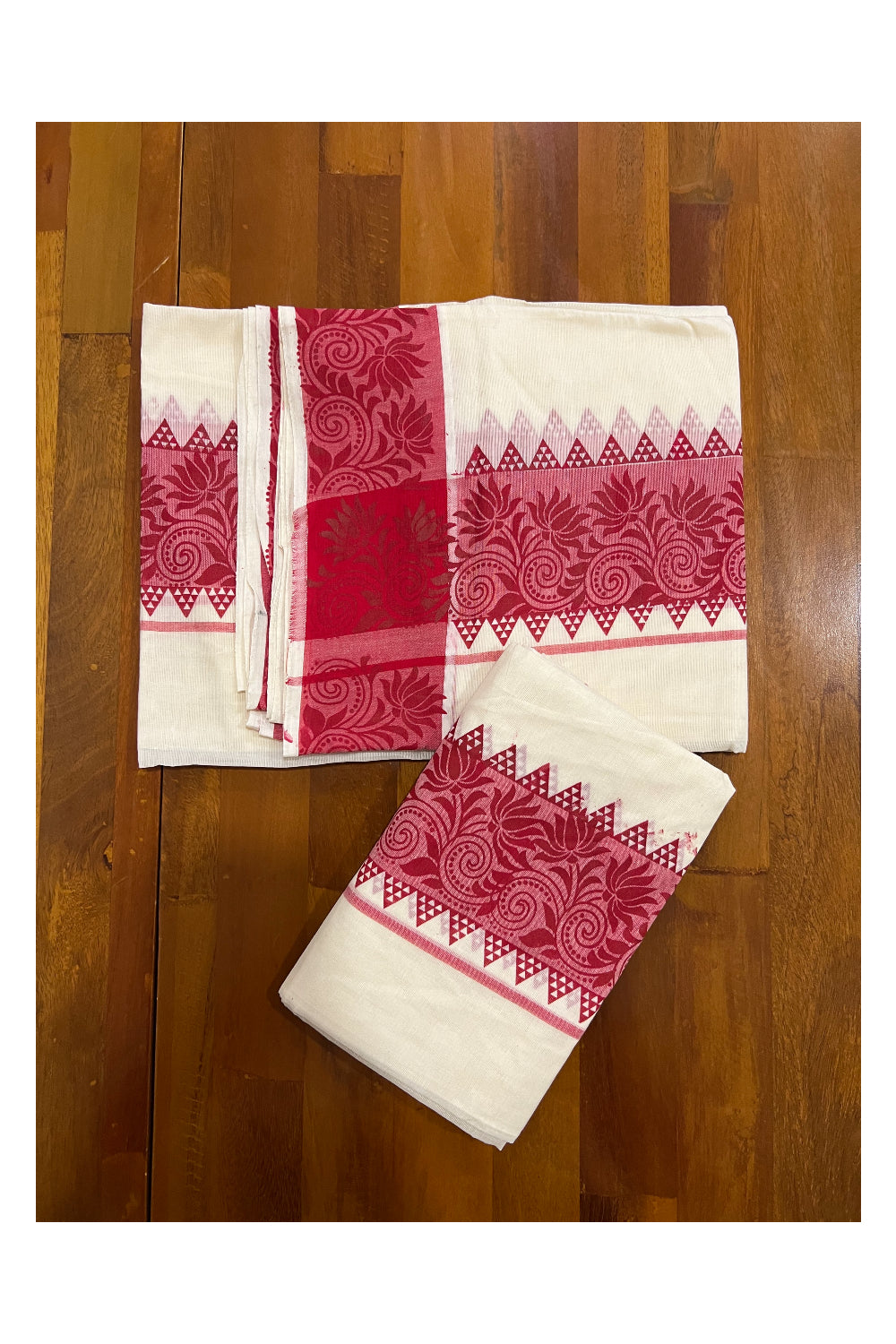 Kerala Cotton Set Mundu (Mundum Neriyathum) with Red Floral Temple Block Prints on Border