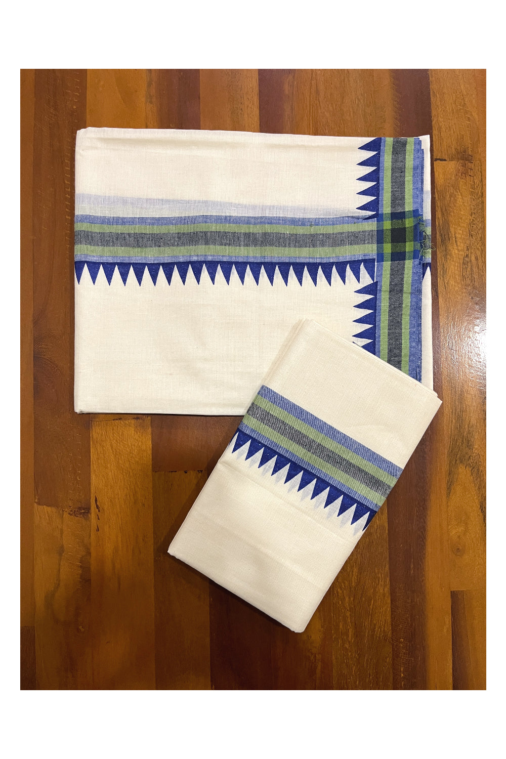 Kerala Cotton Mulloth Mundum Neriyathum Single (Set Mundu) with Blue Temple Block Prints Border (Extra Soft Cotton)