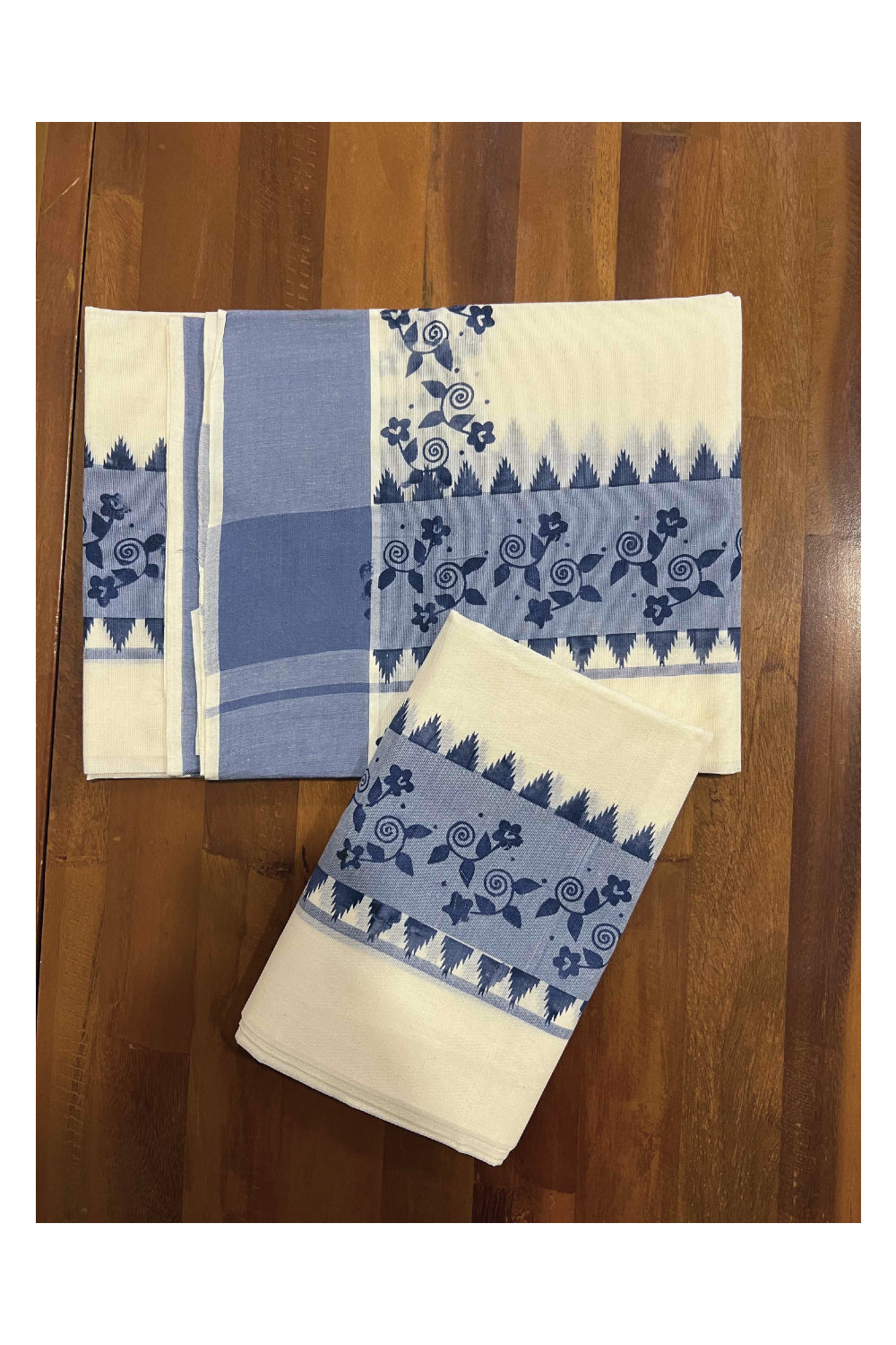 Kerala Cotton Set Mundu (Mundum Neriyathum) with Blue Floral Block Printed Temple Border