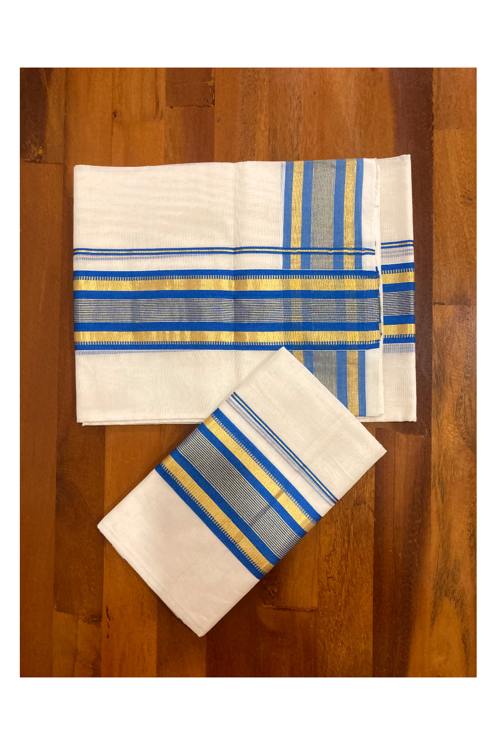 Southloom Premium Handloom Single Set Mundu with Kasavu and Blue Border