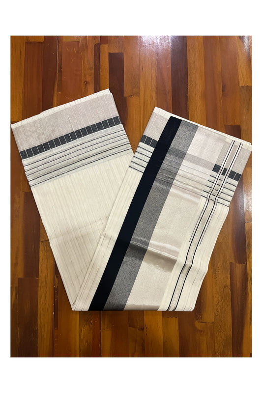 Southloom™ Original Handloom Cotton Saree with Black Border and Silver Kasavu Lines Across Body