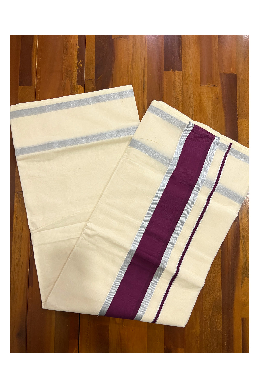 Pure Cotton Kerala Plain Saree with Silver Kasavu and Purple Pallu