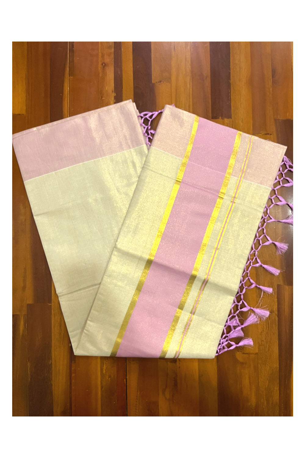 Kerala Kasavu Tissue Plain Saree with Lavander and Kasavu Border (Onam Saree 2023)