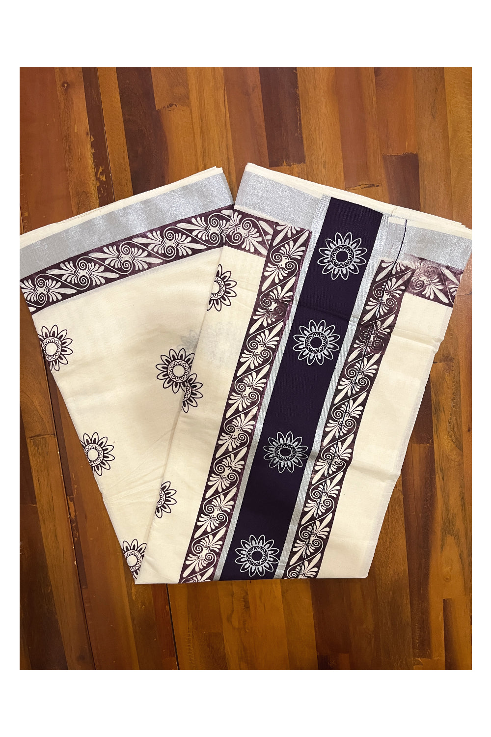 Pure Cotton Kerala Saree with Brown Block Prints and Silver Kasavu Border (Onam Saree 2023)