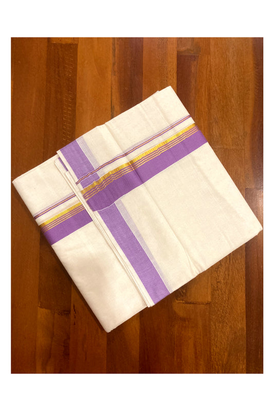Pure Cotton Double Mundu with Violet and Kasavu Border (South Indian Dhoti)
