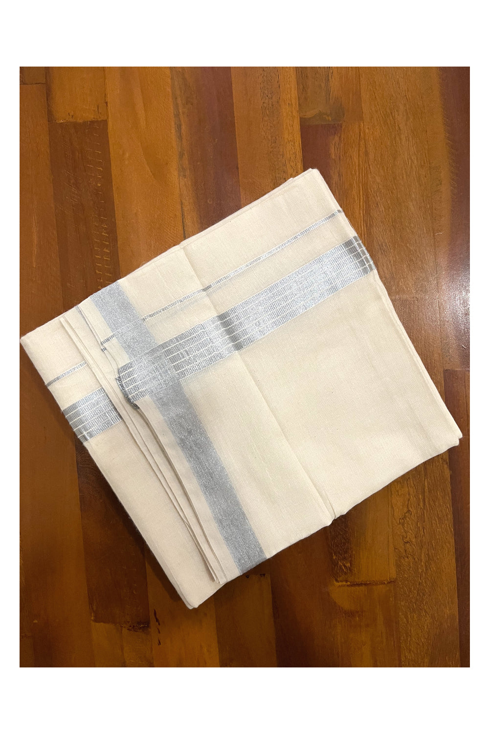 Pure Cotton Off White Double Mundu with Silver Lines Kasavu Border (South Indian Dhoti)