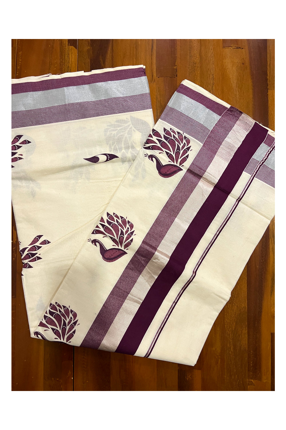 Kerala Pure Cotton Purple and Silver Kasavu Border Saree with Peacock Mural Printed Design