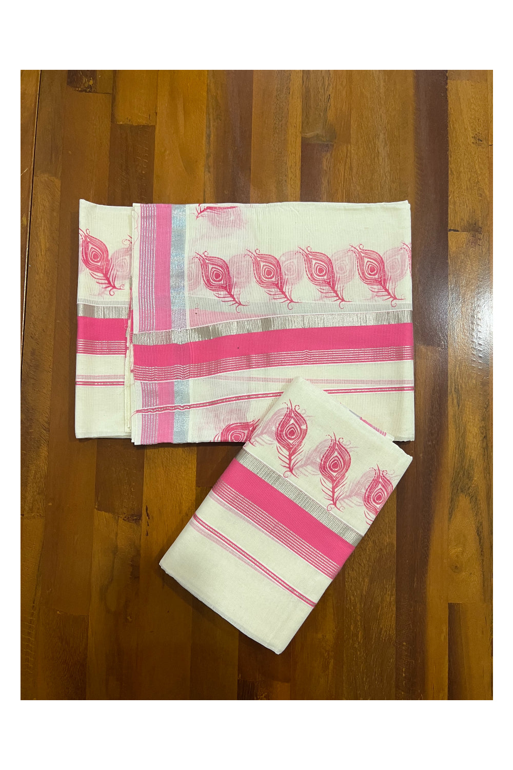 Kerala Cotton Set Mundu (Mundum Neriyathum) with Pink Feather Block Prints and Silver Border