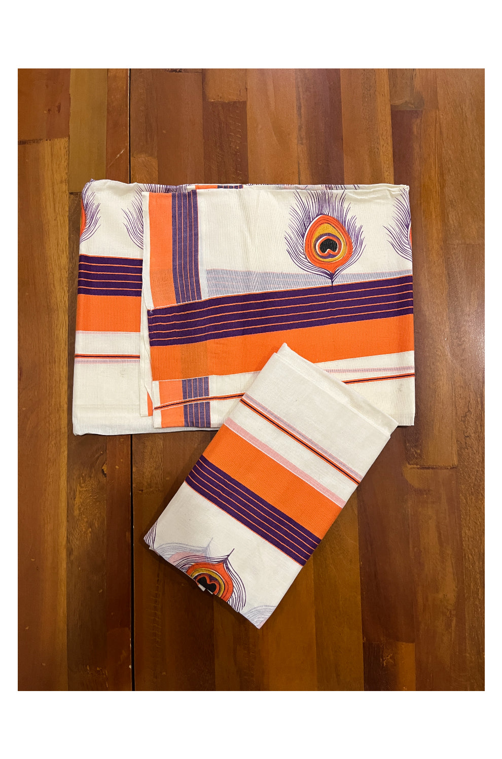 Kerala Cotton Set Mundu (Mundum Neriyathum) with Orange Mural Feather Prints and Violet Orange Border