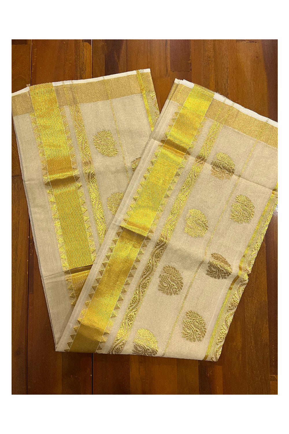 Southloom Premium Handloom Tissue Kasavu Saree with Hand Woven Motifs