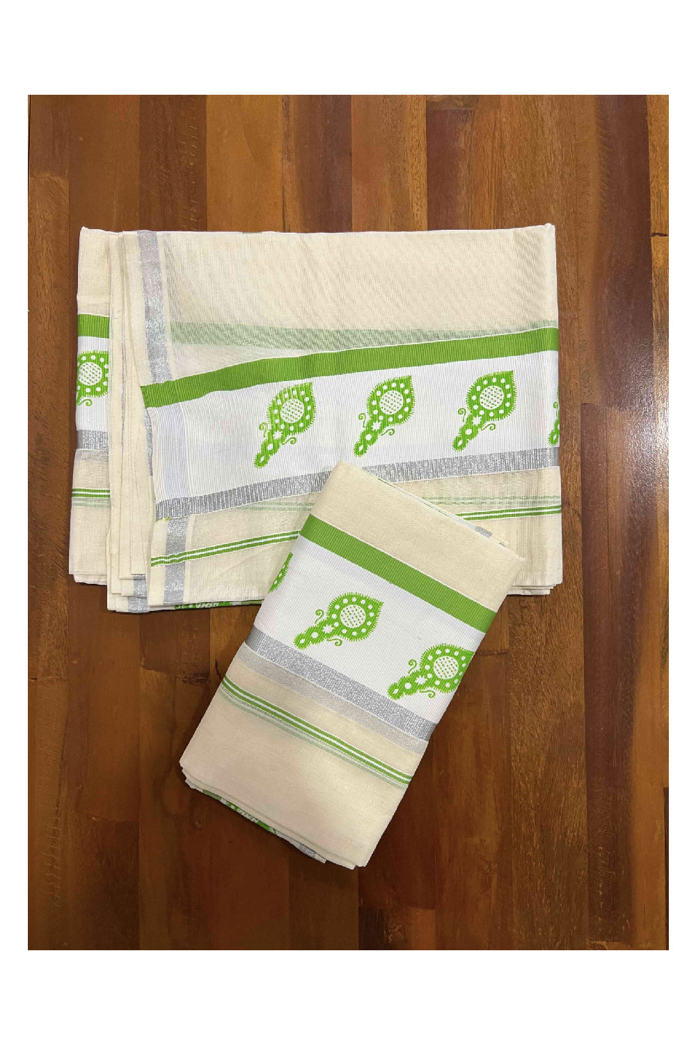 Kerala Cotton Set Mundu (Mundum Neriyathum) with Silver Kasavu and Light Green Block Printed Border