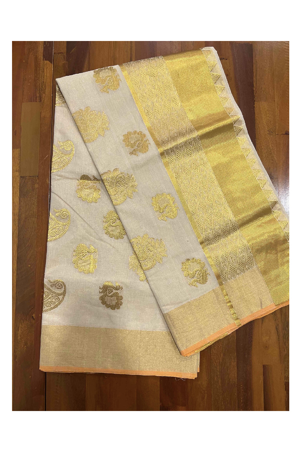 Southloom™ Original Handloom Kasavu Tissue Heavy Work Saree with Handwoven Peacock Design