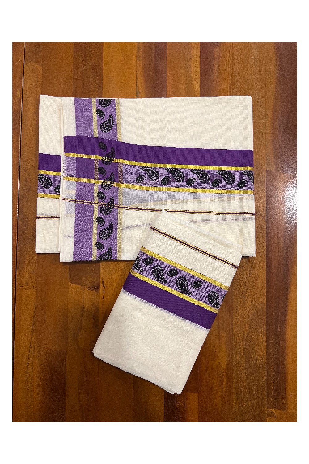 Kerala Cotton Kasavu Set Mundu (Mundum Neriyathum) with Black Floral Block Prints in Purple Border