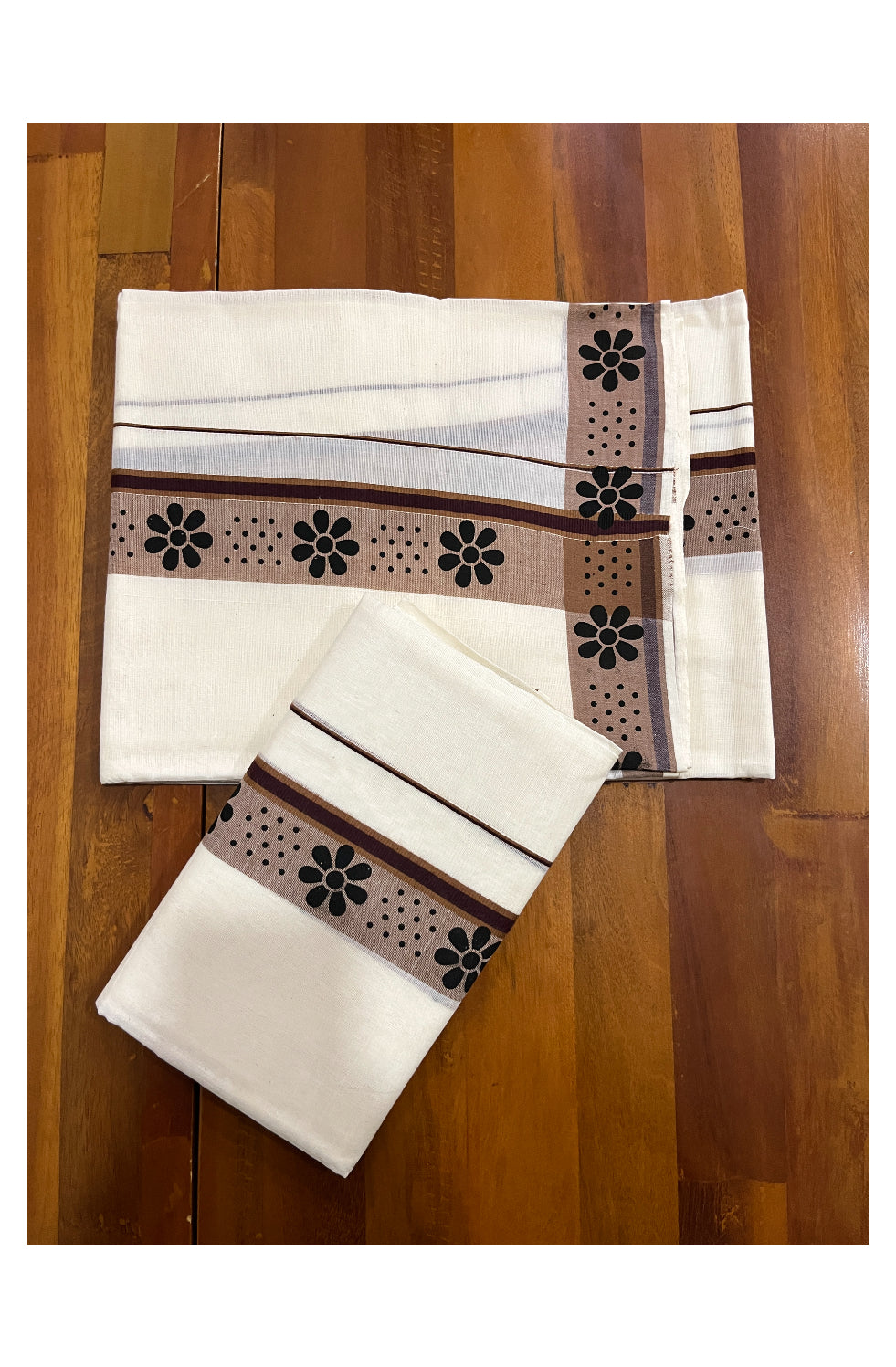 Kerala Cotton Set Mundu (Mundum Neriyathum) with Black Block Prints on Brown Border 2.80 Mtrs