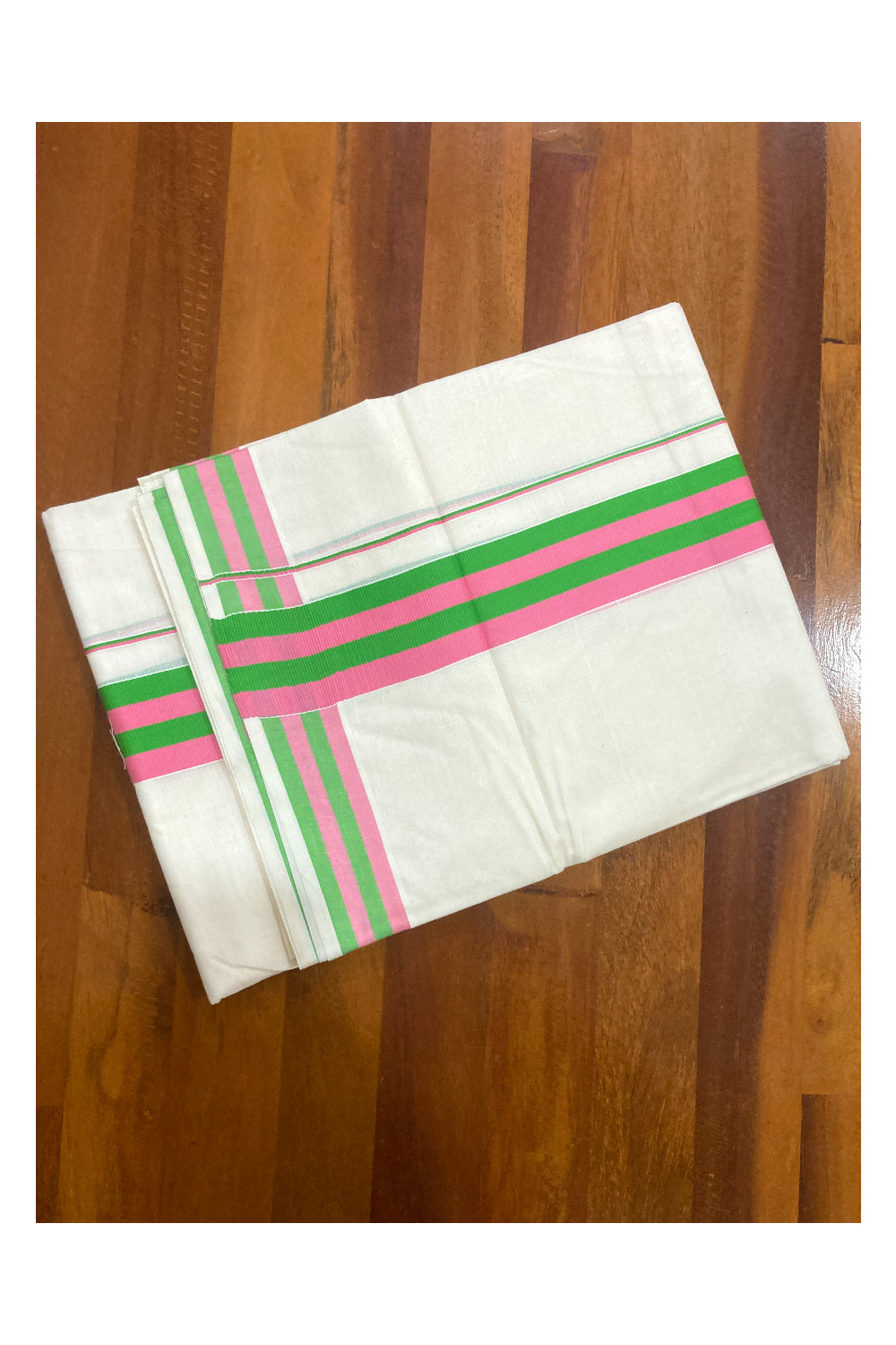 Pure Cotton Off White Double Mundu with Pink and Green Border (South Indian Dhoti)