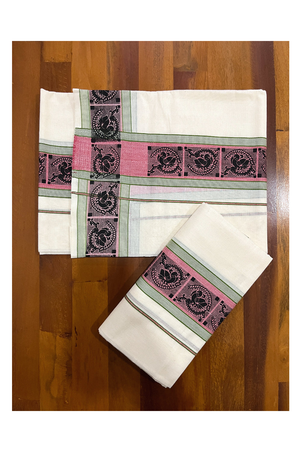 Kerala Cotton Single Set Mundu (Mundum Neriyathum) with Black Block Prints on Red Green Border