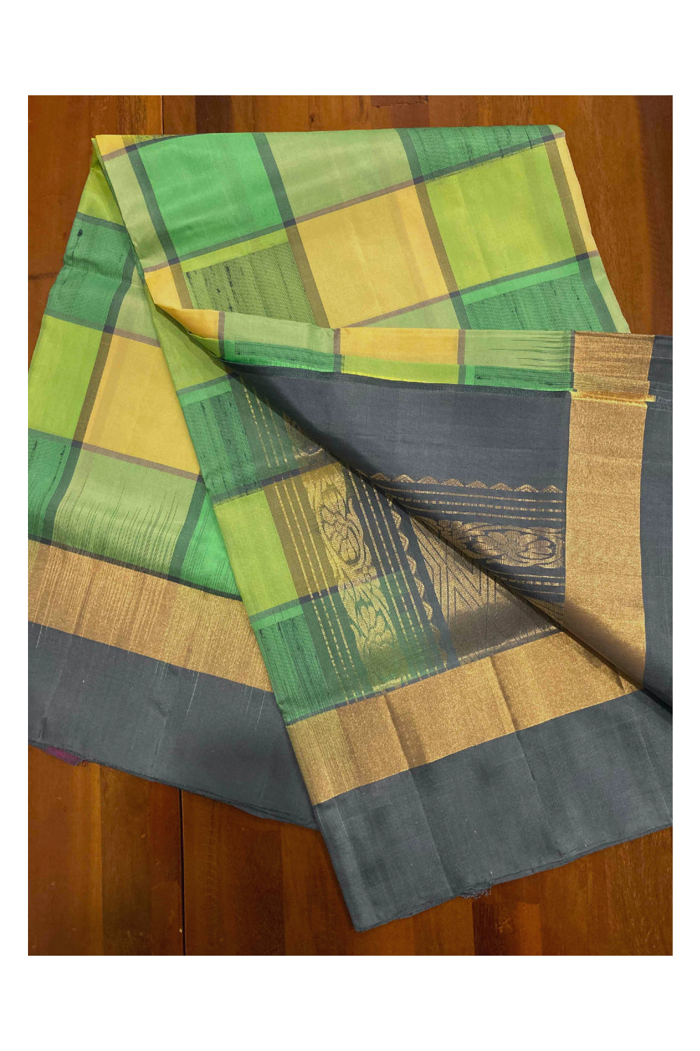 Southloom Handloom Pure Silk Kanchipuram Saree in Yellow Green Check Box Design