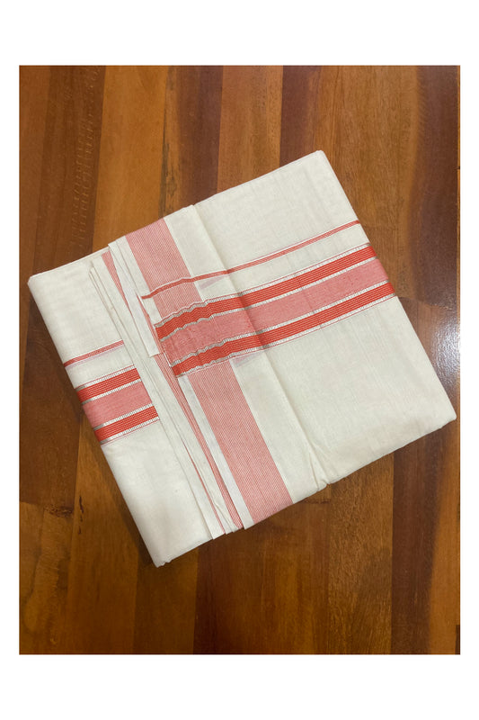 Off White Pure Cotton Double Mundu with Silver Kasavu and Orange Border (South Indian Kerala Dhoti)