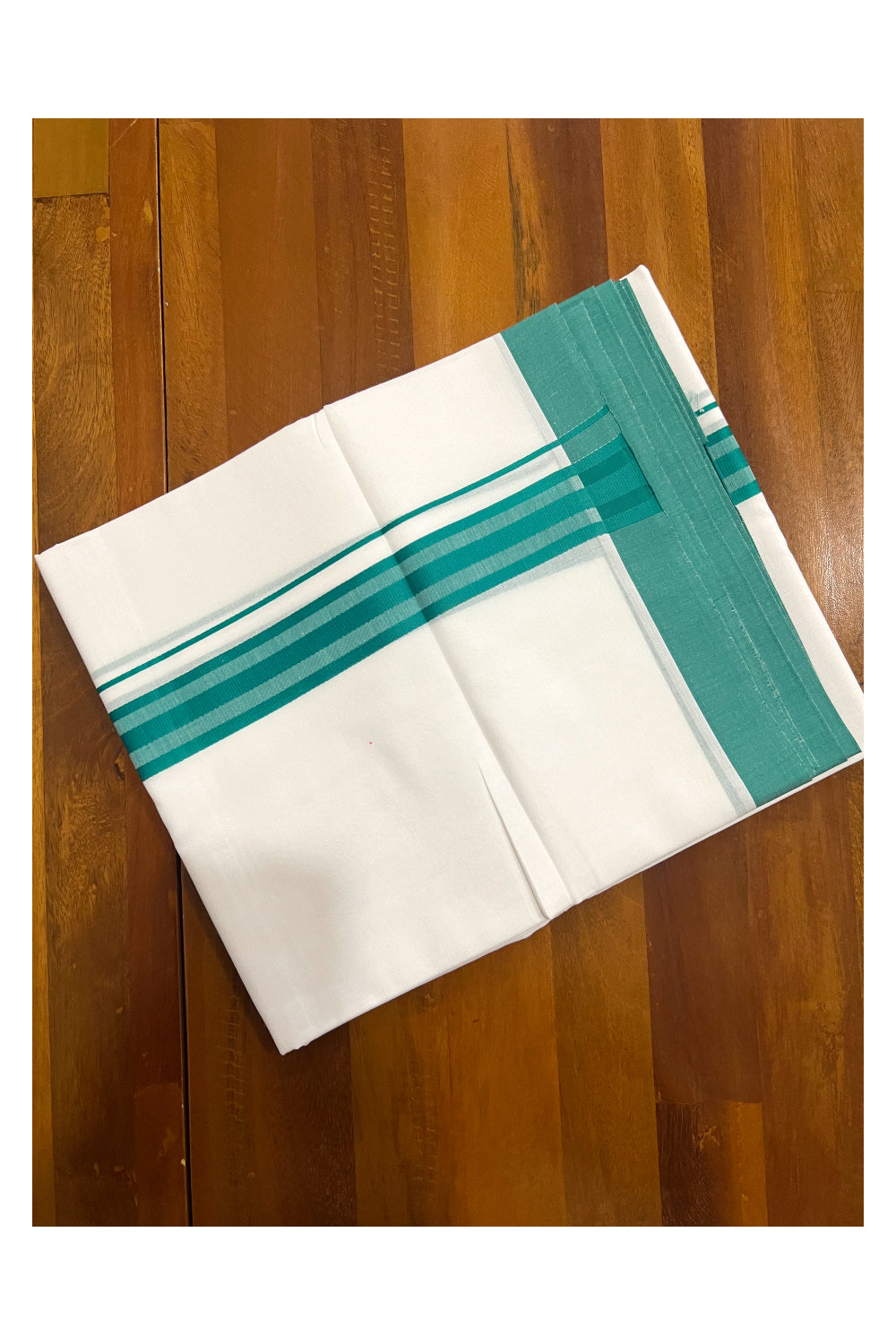 Pure White Cotton Double Mundu with Green Line Border (South Indian Dhoti)