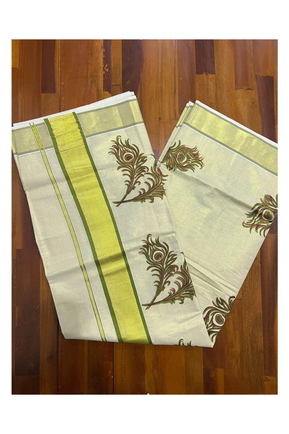 Kerala Tissue Kasavu Saree With Olive Green Peacock Feather Mural Design