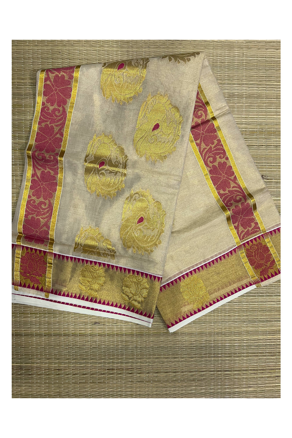 Kerala Tissue Kasavu Saree with Peacock Woven Heavy Work Design and Temple Border