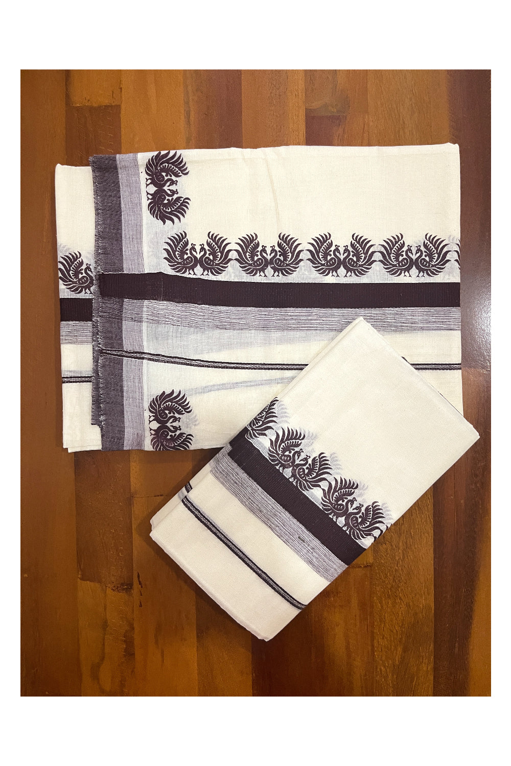 Kerala Cotton Single Set Mundu (Mundum Neriyathum) with Brown Block Prints on Border