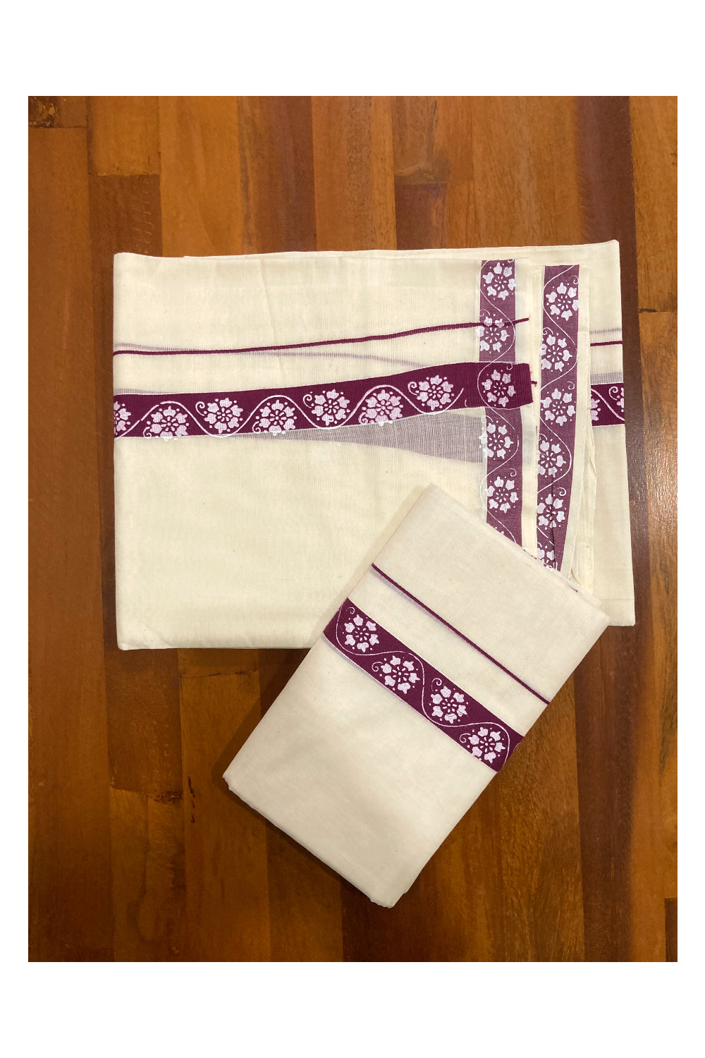 Pure Cotton Set Mundu (Mundum Neriyathum) with White Floral Block Prints on 1 inch Purple Border