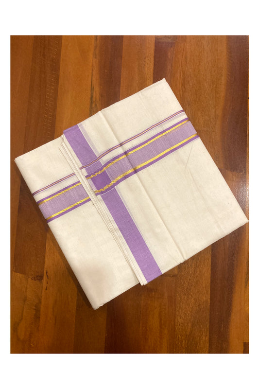 Pure Cotton Double Mundu with Violet and Kasavu Border (South Indian Dhoti)