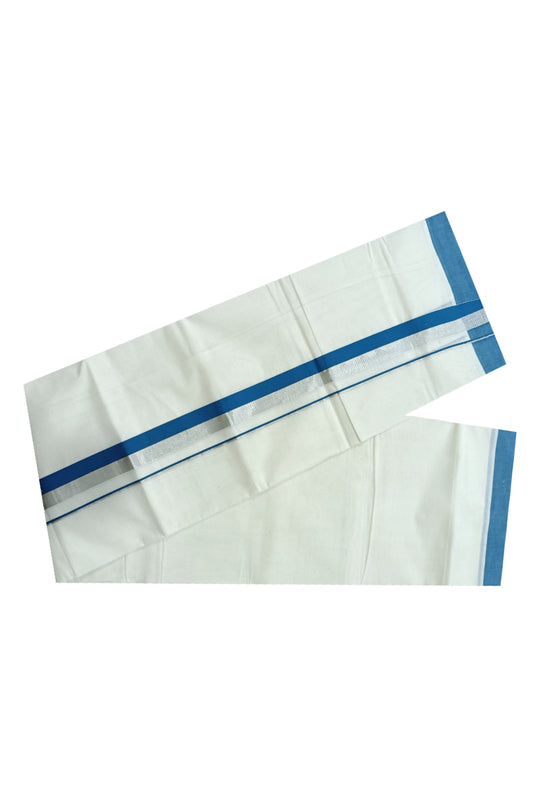 Off White Kerala Double Mundu with Silver Kasavu and Blue Kara (South Indian Dhoti)