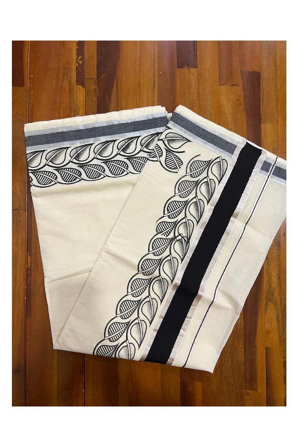 Pure Cotton Kerala Saree with Black Block Prints and Black Silver Border