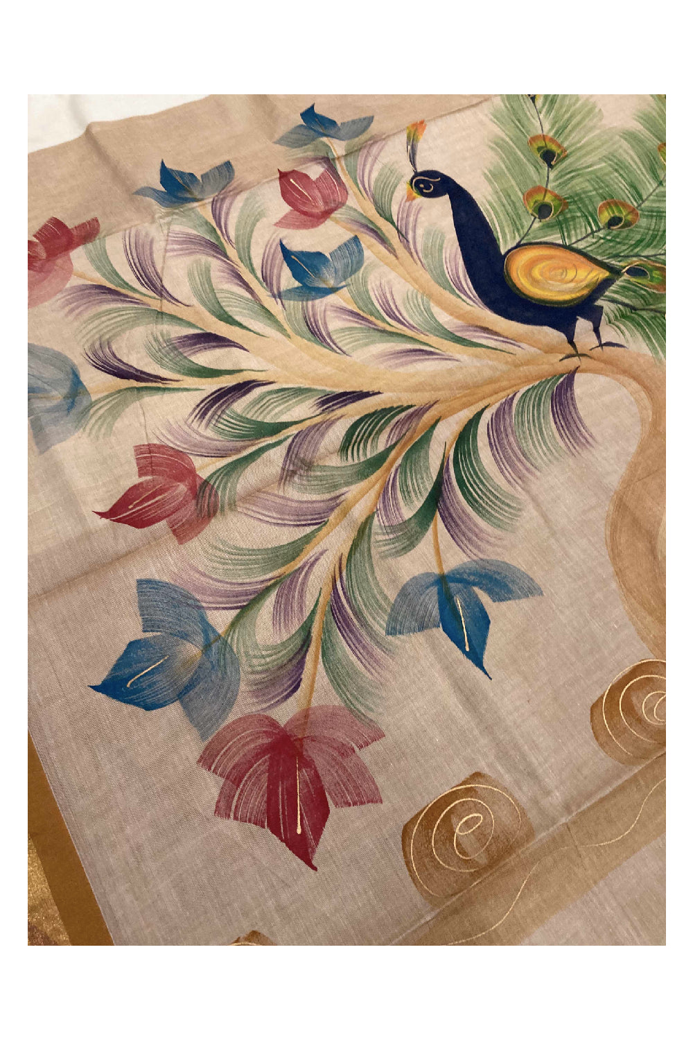 Southloom Saffron Handpainted Mural Kerala Kasavu Saree with Peacock Art