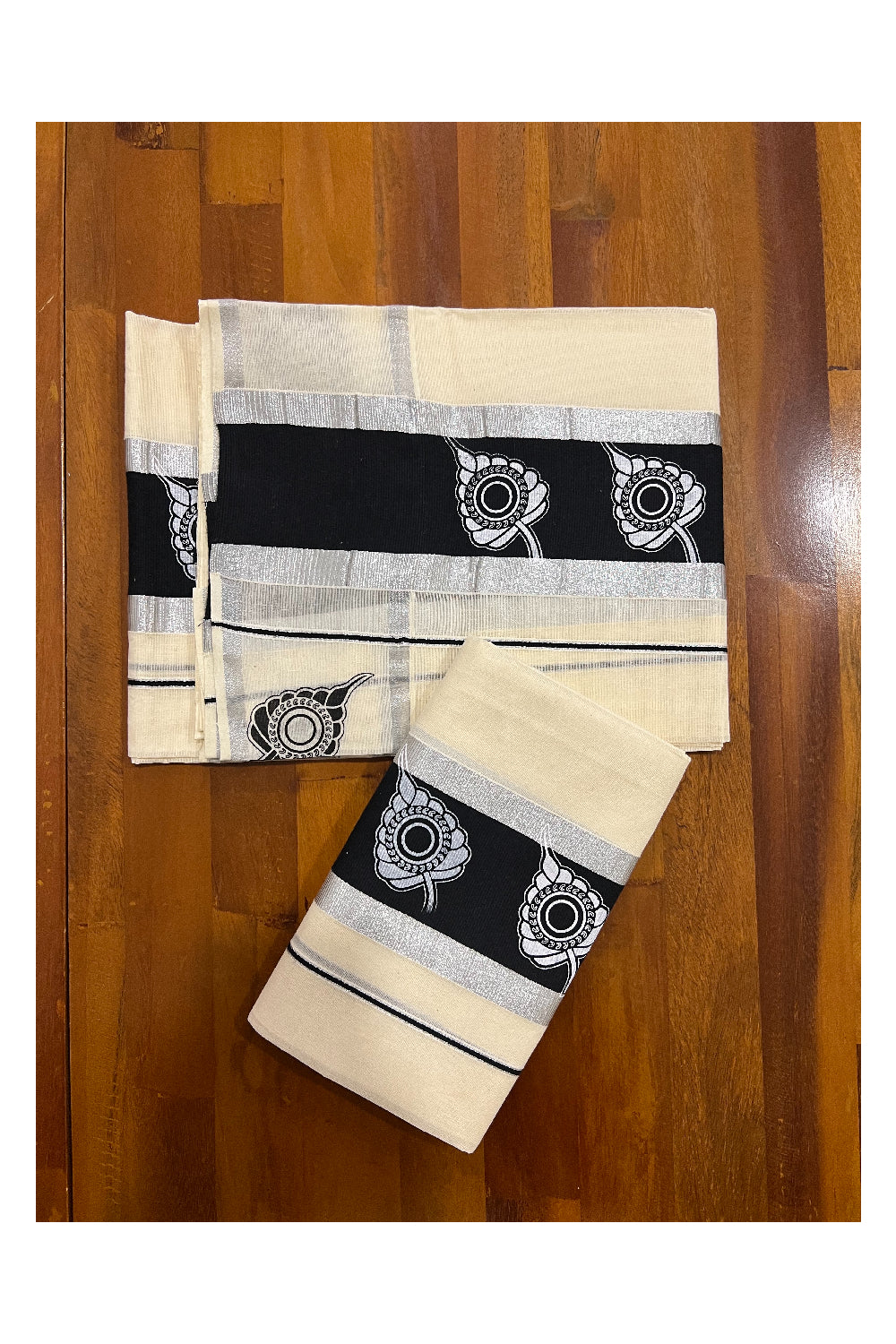 Kerala Cotton Silver Kasavu Set Mundu (Mundum Neriyathum) with Leaf Block Prints on Black Border