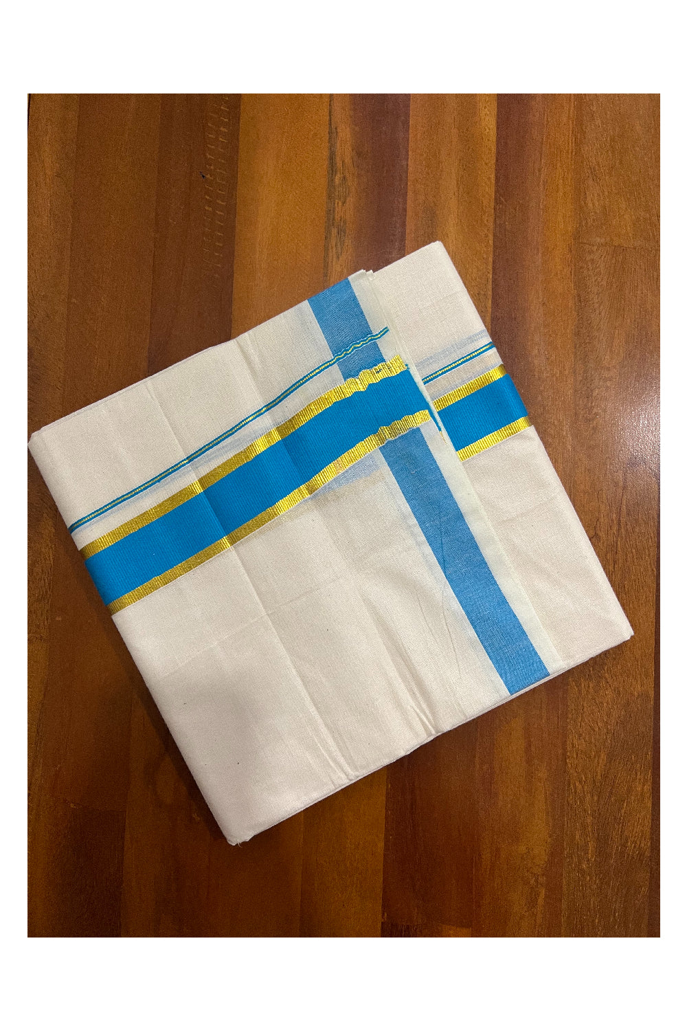 Off White Pure Cotton Double Mundu with Kasavu and Light Blue Kara (South Indian Dhoti)