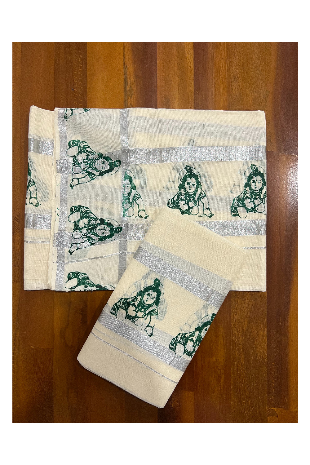 Kerala Cotton Silver Kasavu Set Mundu (Mundum Neriyathum) with Green Baby Krishna Block Print Border