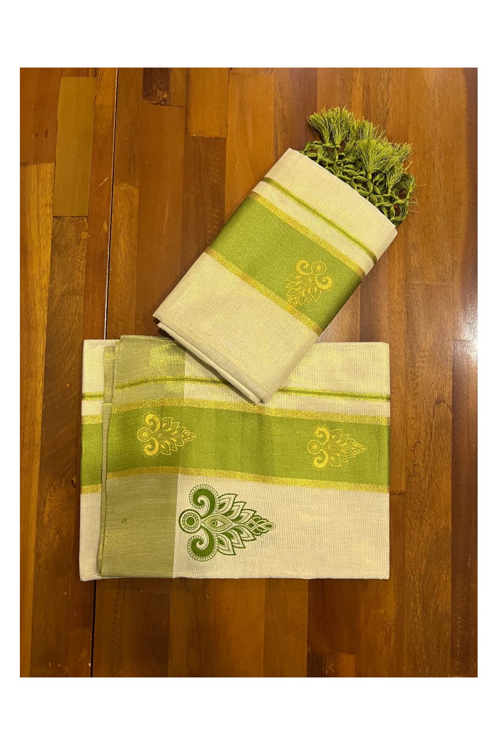 Kerala Tissue Kasavu Set Mundu (Mundum Neriyathum) with Golden and Light Green Block Prints and Tassels